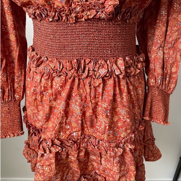 House Of Harlow 1960 Wallis Rust Peasant Western Style Smocked Dress Size XS - Picture 9 of 12